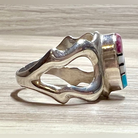 Navajo Designer Signed (TL) Sterling Silver Abstract Multicolor Inlay Ring - Picture 5 of 10